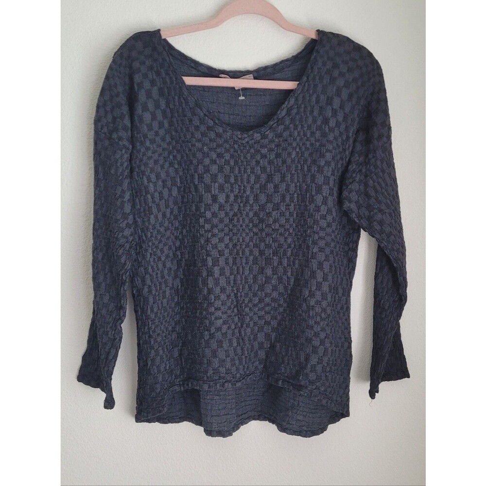 FLAX Linen Blend Crinkle Check Plisse Blouse Top Charcoal Grey Small Lagenlook